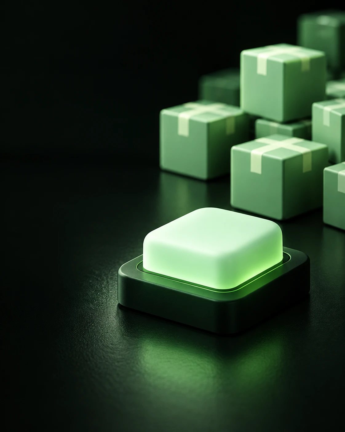 A single glowing button on a dark surface, with parcels waiting behind it.