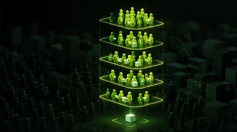 One group of buyers lifted out of a dark crowd and separated into five stacked layers above a single parcel.